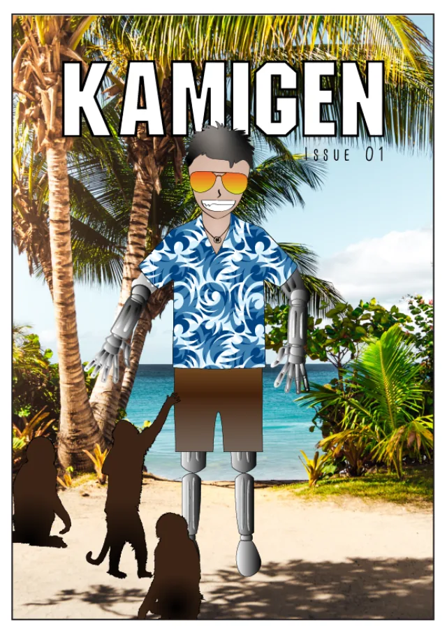Issue 01 cover. A cyborg on a palm beach.