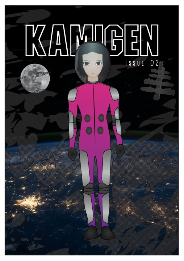 Issue 02 cover. Ryoko in a magenta flight suit above the Earth.