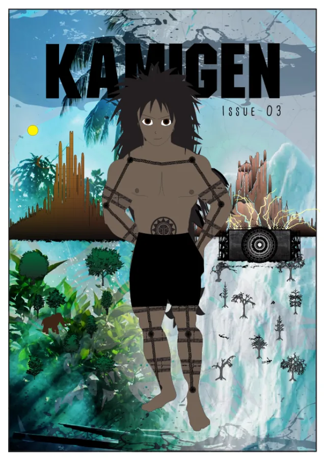 Issue 03 cover. A tattooed figure between jungle and ice.