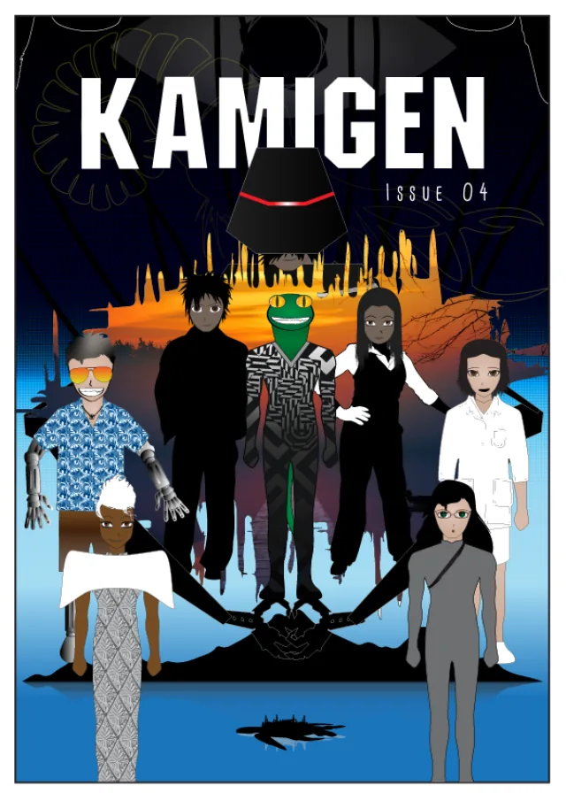 Issue 04 cover. The cast at sunset over the island.