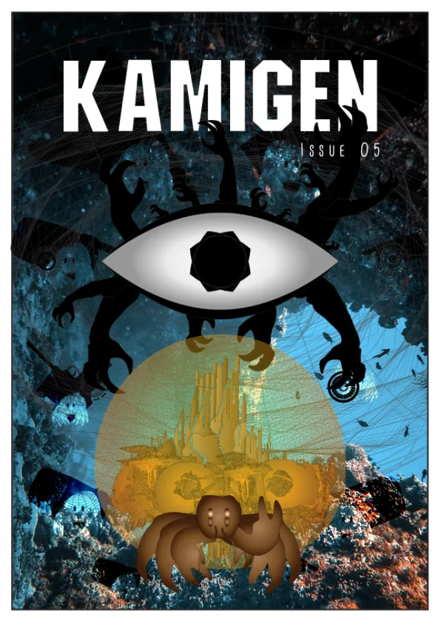 Issue 05 cover. A great eye above a golden city.